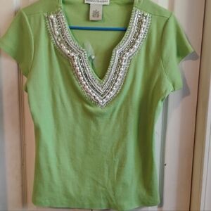 Bamboo Traders Lime Green Beaded V-Neck Ribbed Knit Top - Size Medium